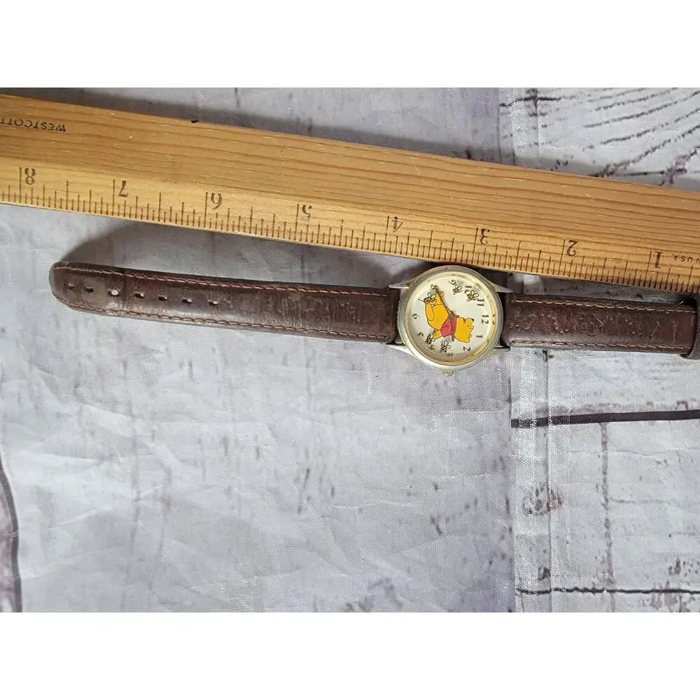Disney Parks Winnie the Pooh Wristwatch Brown Leather Strap Steel Back Untested